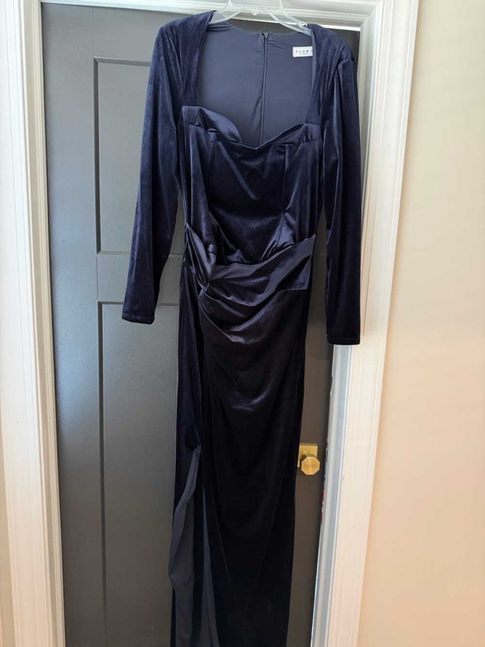 Club London Navy Velvet Long Sleeve Evening Dress